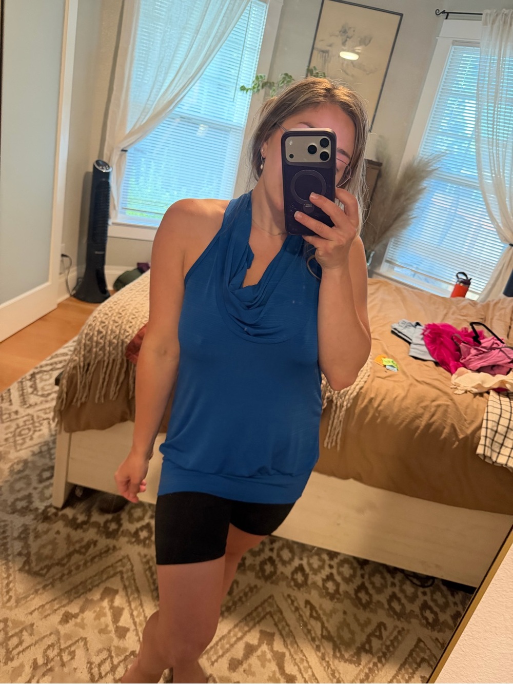 Royal Blue Cowl Neck Halter Tank Top Size Large Draped Sleeveless Blouse - Picture 4 of 8